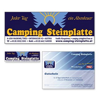 Camping Steinplatte, Aufkleber und Gutschein 2012.